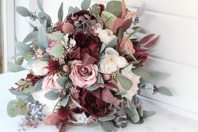 Burgundy Blush Artificial Bridal Bouquet – Burgundy Blush Wedding Flowers – Silk Burgundy Wed