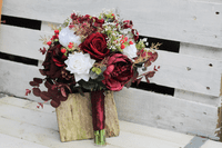 Burgundy Red & Gold Artificial Bridal Bouquet – Winter Wedding Flowers