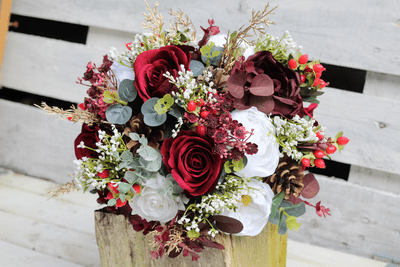 Burgundy Red & Gold Artificial Bridal Bouquet – Winter Wedding Flowers