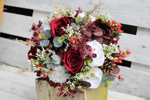 Burgundy Red & Gold Artificial Bridal Bouquet – Winter Wedding Flowers