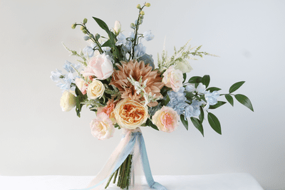 Dahlia Artificial Blush, Blue, Pink Bride Bouquet - Spring Bouquet - Blush Summer Wedding Bouquet