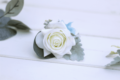Deanna Artificial Ivory  Rose Buttonhole - Dusty Blue Rose Wedding Boutonniere - Rose Buttonhole