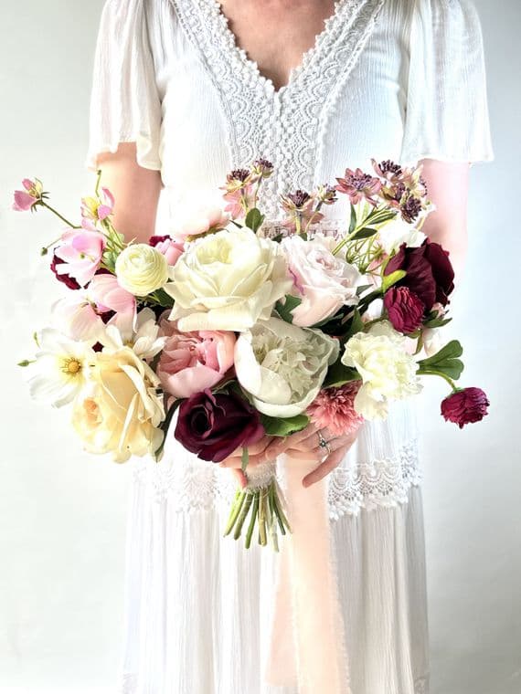 Deep Pink,  Burgundy, Blush Artificial  Bridal Bouquet - Deep Pink, Burgundy  Wedding Bouquets