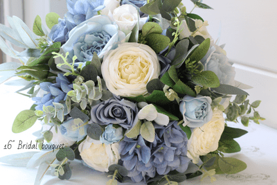 Dusty Blue and Ivory Artificial Bridal Bouquet – White & Sky Blue Wedding Flowers
