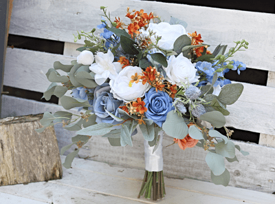 Dusty Blue, White  Artificial Bridal Bouquet - Dusty Blue,  Orange Wedding Bouquet