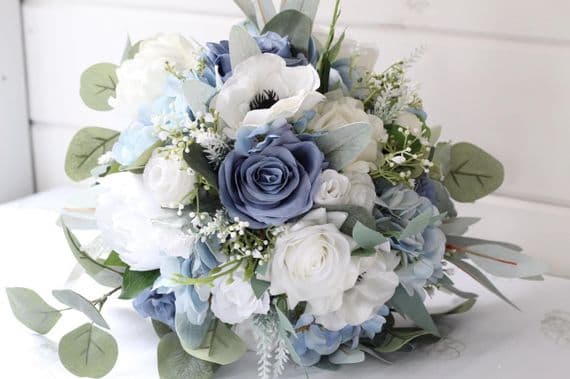 Dusty Blue & White Artificial Wedding Bouquet | Faux Bridal Flowers UK