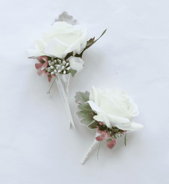 Ebony Real Touch Artificial, Ivory Rose Blush  Wedding Buttonhole/Boutonniere