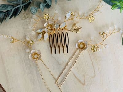 Edith Opal Gold Hair Comb Set