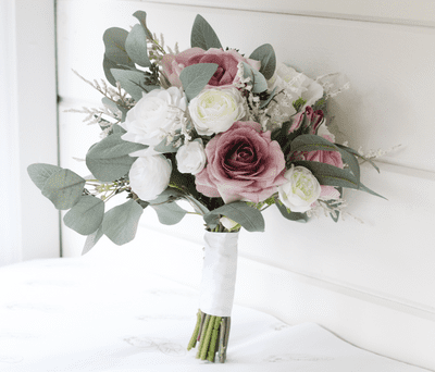 Elaina Artificial Mauve Rose Bridal Bouquet - Real Touch White and Mauve Rose Wedding  Bouquet