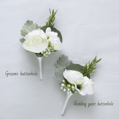 Evelyn Artificial White Ranunculus Boutonniere - Ivory Rose Wedding Buttonhole - Rose Buttonhole