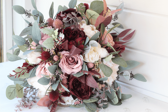 Faux Blush & Burgundy Artificial Bridal Bouquet – Burgundy Blush Wedding Flowers – Silk Burgundy Wed