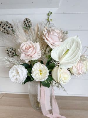 Faux & Real Touch Boho Bouquet – Soft Blush, Ivory Roses, Anthurium, Pampas, Scabiosa & Ribbons