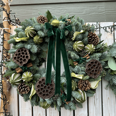 Fresh Green Spruce Christmas Door Wreath With Green Velvet Bow