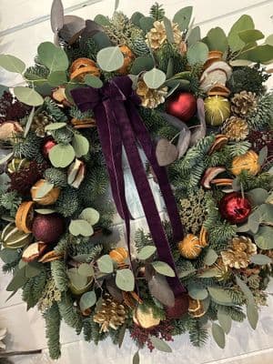 Fresh Spruce Christmas Door Wreath With Baubles And Purple Velvet Bow  - Eucalyptus Christmas Wreath