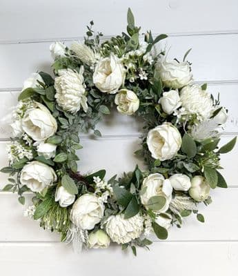 Handmade Artificial Spring Ivory Wreath with Roses & Mixed Foliage –  Summer Floral Home Decor