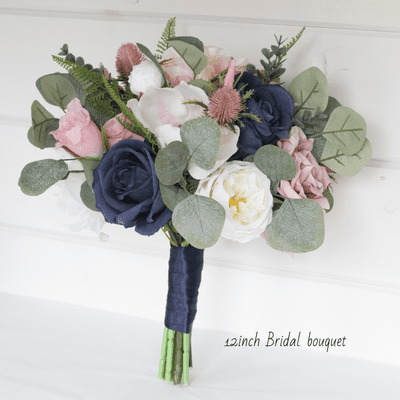 Harper Artificial Navy & Blush Bridal Bouquet –  Rose Wedding Flowers in Blush, Ivory & Navy Blue