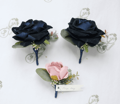 Harper Artificial Navy Rose Buttonhole - Dusty Pink Rose Boutonniere - Rose Wedding Buttonhole