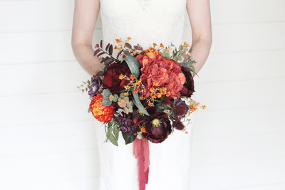 Hazel Artificial Burnt Orange Bridal Bouquet - Autumn  Artificial Burgundy Wedding Bouquet -