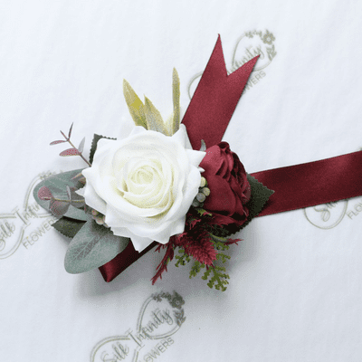 Hera White Burgundy Rose Wrist Corsage - Ladies Rose Magnet Corsage - Artificial Corsage Bracelet