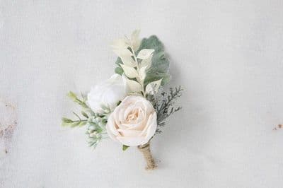 Indigo Artificial Blush Rose Wedding Buttonhole - Grooms Blush Boutonniere - Ivory Rose Buttonhole