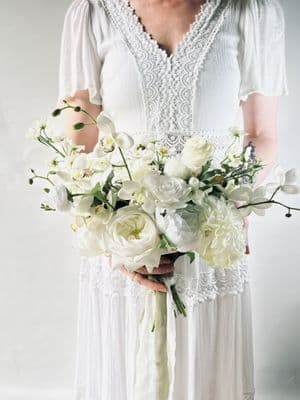Ivory  White Artificial  Bridal Flowers –Real Touch Roses Bouquet- Orchid Bridal Bouquet