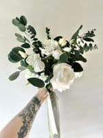 Katelyn White Rose Artificial Bridal Bouquet – Eucalyptus & Faux White Wedding Flowers