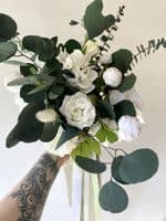 Katelyn White Rose Artificial Bridal Bouquet – Eucalyptus & Faux White Wedding Flowers