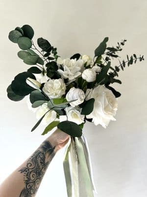 Katelyn White Rose Artificial Bridal Bouquet – Eucalyptus & Faux White Wedding Flowers