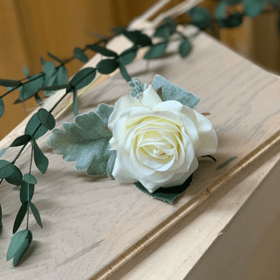 Layla Real Touch Ivory  Rose Buttonhole - Ivory Rose Wedding Boutonniere - Grooms Ivory Buttonhole
