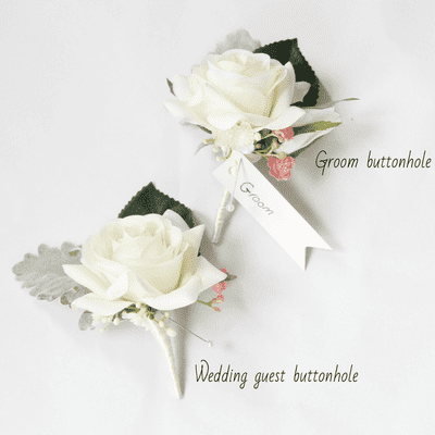 Lia Real Touch Ivory Rose Buttonhole - Artificial Ivory Cream Rose Boutonniere - Grooms Ivory Rose