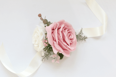 Melia  Artificial Dusty Pink Rose Wrist Corsage - White Rose Wedding Corsage - Prom Rose Corsage