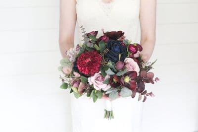 Payge Burgundy, Navy Bridal Bouquet - Artificial Dusty Pink, Navy Wedding Bouquet