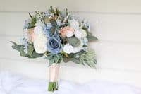 Peach and Dusty Blue Artificial Bridal Bouquet – Florence Wedding Flowers
