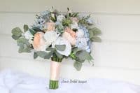 Peach and Dusty Blue Artificial Bridal Bouquet – Florence Wedding Flowers