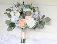 Peach and Dusty Blue Artificial Bridal Bouquet – Florence Wedding Flowers