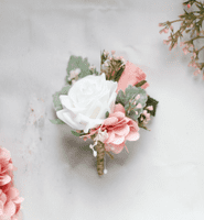 Peach and Dusty Blue Artificial Bridal Bouquet – Florence Wedding Flowers