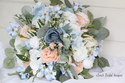 Peach and Dusty Blue Artificial Bridal Bouquet – Florence Wedding Flowers