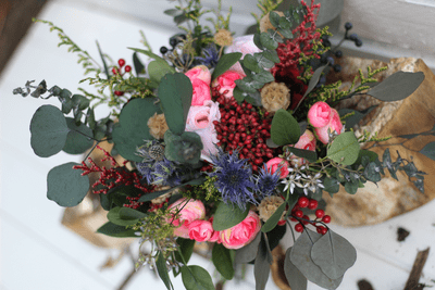 Rustic Artificial Burgundy Blush Bouquet – Winter Wedding Flowers with Dried Eucalyptus