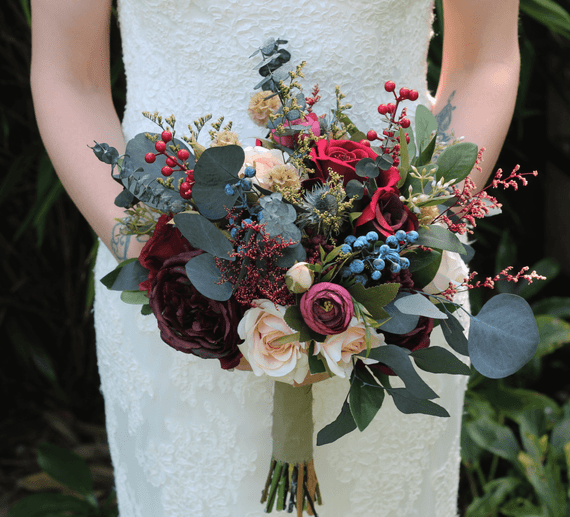 Rustic Burgundy and Cream Rose Bridal Bouquet – Dried Eucalyptus & Thistle Winter Wedding Flowers