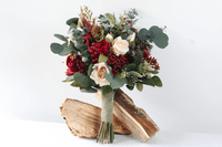 Rustic Burgundy and Cream Rose Bridal Bouquet – Dried Eucalyptus & Thistle Winter Wedding Flowers