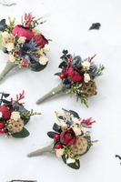 Rustic Burgundy and Cream Rose Bridal Bouquet – Dried Eucalyptus & Thistle Winter Wedding Flowers