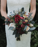 Rustic Burgundy and Cream Rose Bridal Bouquet – Dried Eucalyptus & Thistle Winter Wedding Flowers