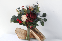Rustic Burgundy and Cream Rose Bridal Bouquet – Dried Eucalyptus & Thistle Winter Wedding Flowers