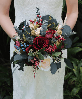 Rustic Burgundy and Cream Rose Bridal Bouquet – Dried Eucalyptus & Thistle Winter Wedding Flowers