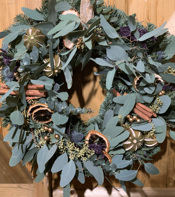 Rustic Fresh Spruce Christmas Wreath -Festive Orange, Cinnamon Door Wreath