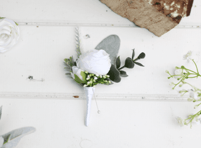 Serenity White Artificial Buttonhole - Grooms White Flower Boutonniere - Artificial White Buttonhole
