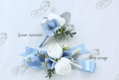 Skylar Artificial  Dusty Blue Wrist Corsage -  White Flower Boutonniere - Grooms Wedding Buttonhole