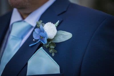 Skylar White Wedding Buttonhole - Dusty Blue Boutonniere - Grooms White Wedding Buttonhole