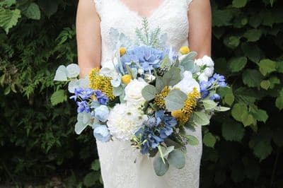 Summer Yellow and Dusty Blue Artificial Bridal Bouquet – Spring White Rose Flowers