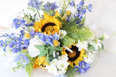 Sunflower Wedding Bouquet – Artificial Yellow & Blue Bridal Flowers